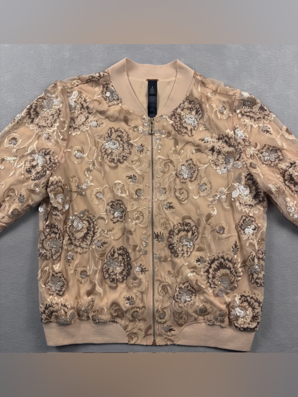 Chico's Black Label Sequin Bomber Jacket Size 3 Women’s XL Floral Full Zip